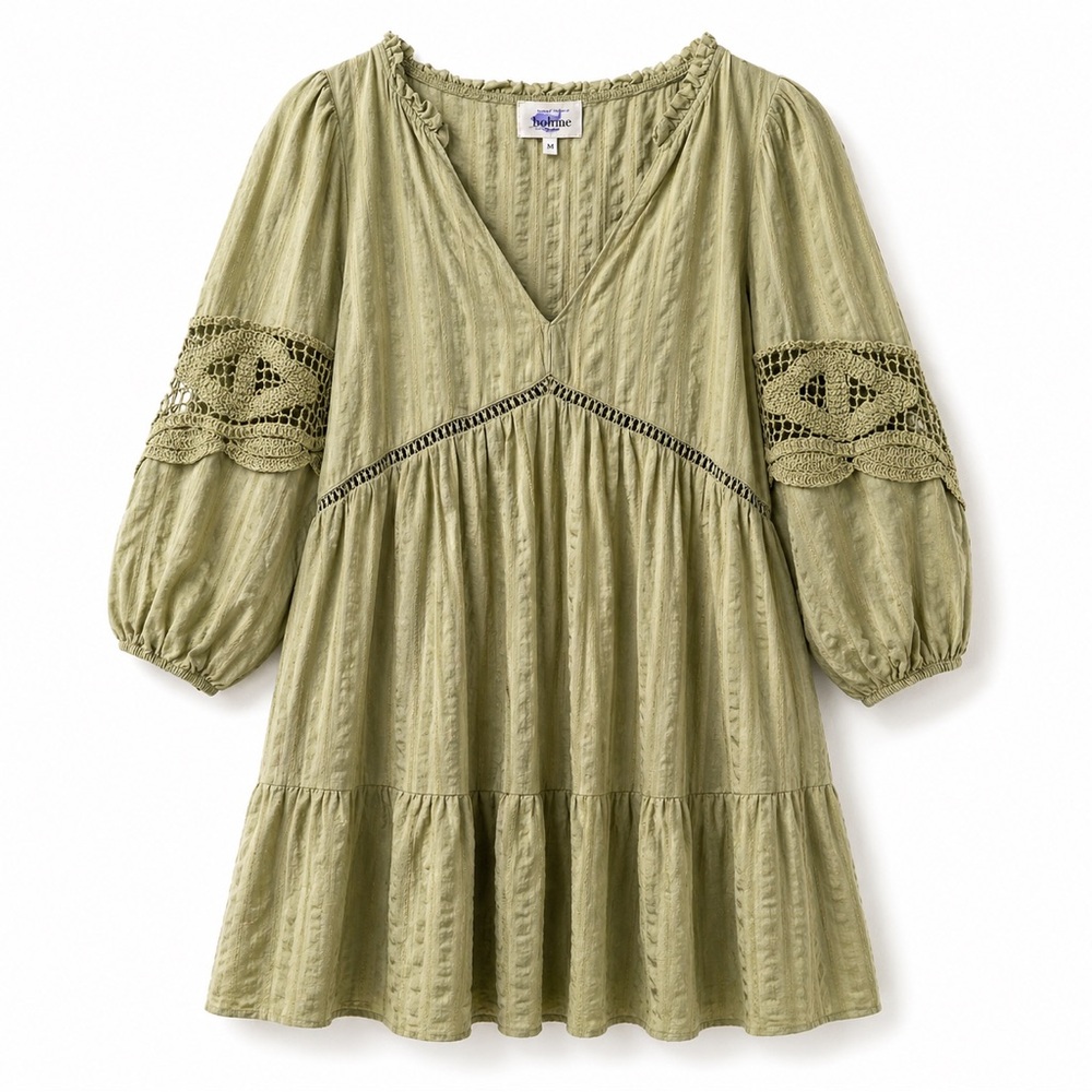 Bohme Boho Lace Sleeve Embroidered Crochet Babydoll Mini Dress Sage Green Medium